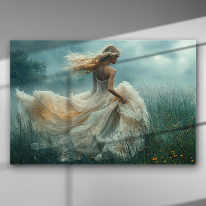 A woman in a flowing dress dances in a green meadow under the rain, evoking freedom and grace.