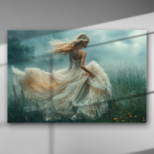 A woman in a flowing dress dances in a green meadow under the rain, evoking freedom and grace.