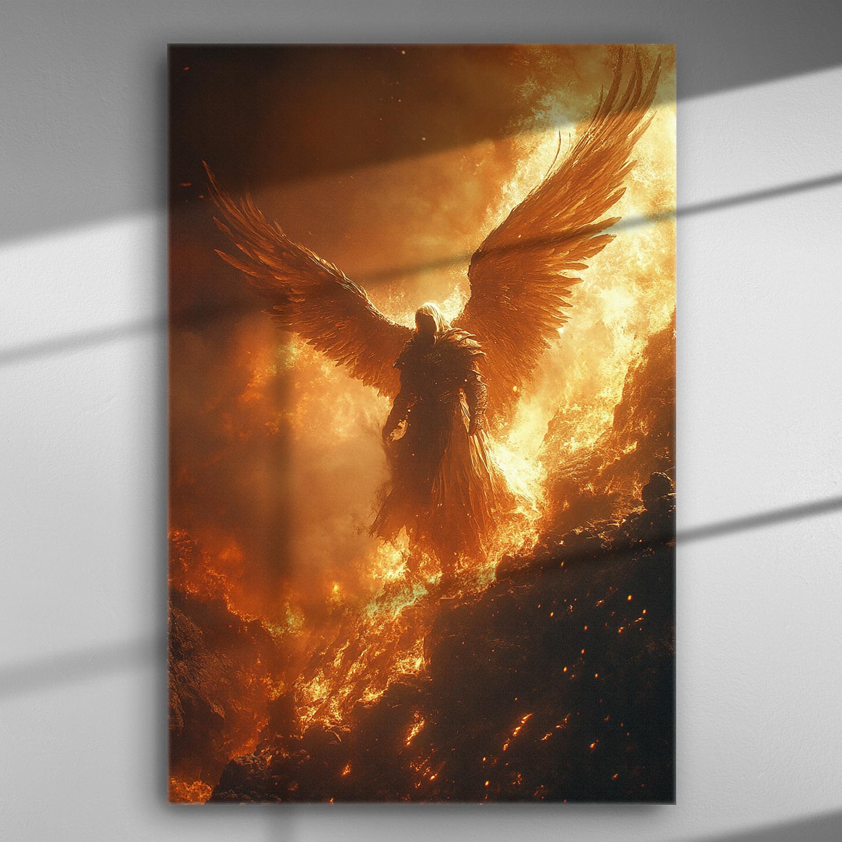 A celestial angel emerging from flames with intense, warm hues.