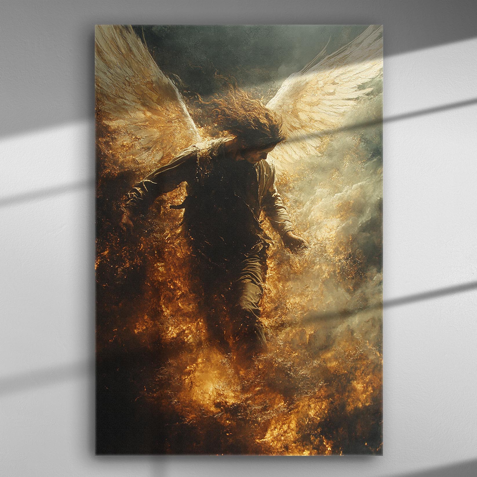 Angel surrounded by flames with illuminated wings on a canvas print.