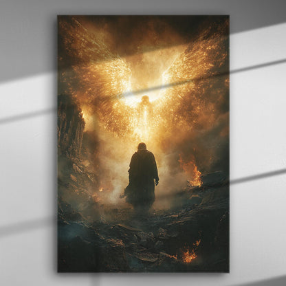 Mystical figure under a celestial being with golden light on canvas print.