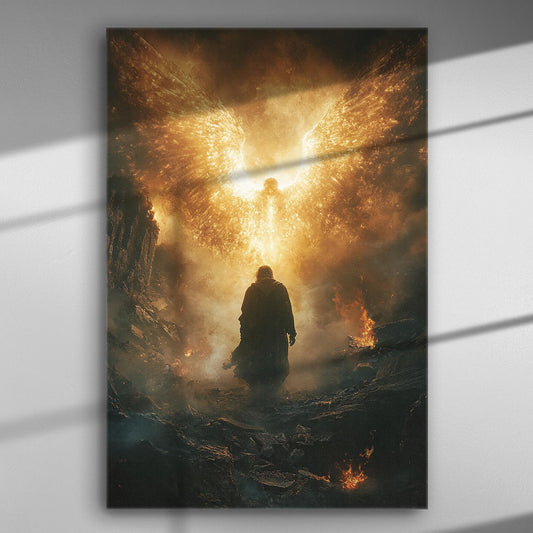 Mystical figure under a celestial being with golden light on canvas print.