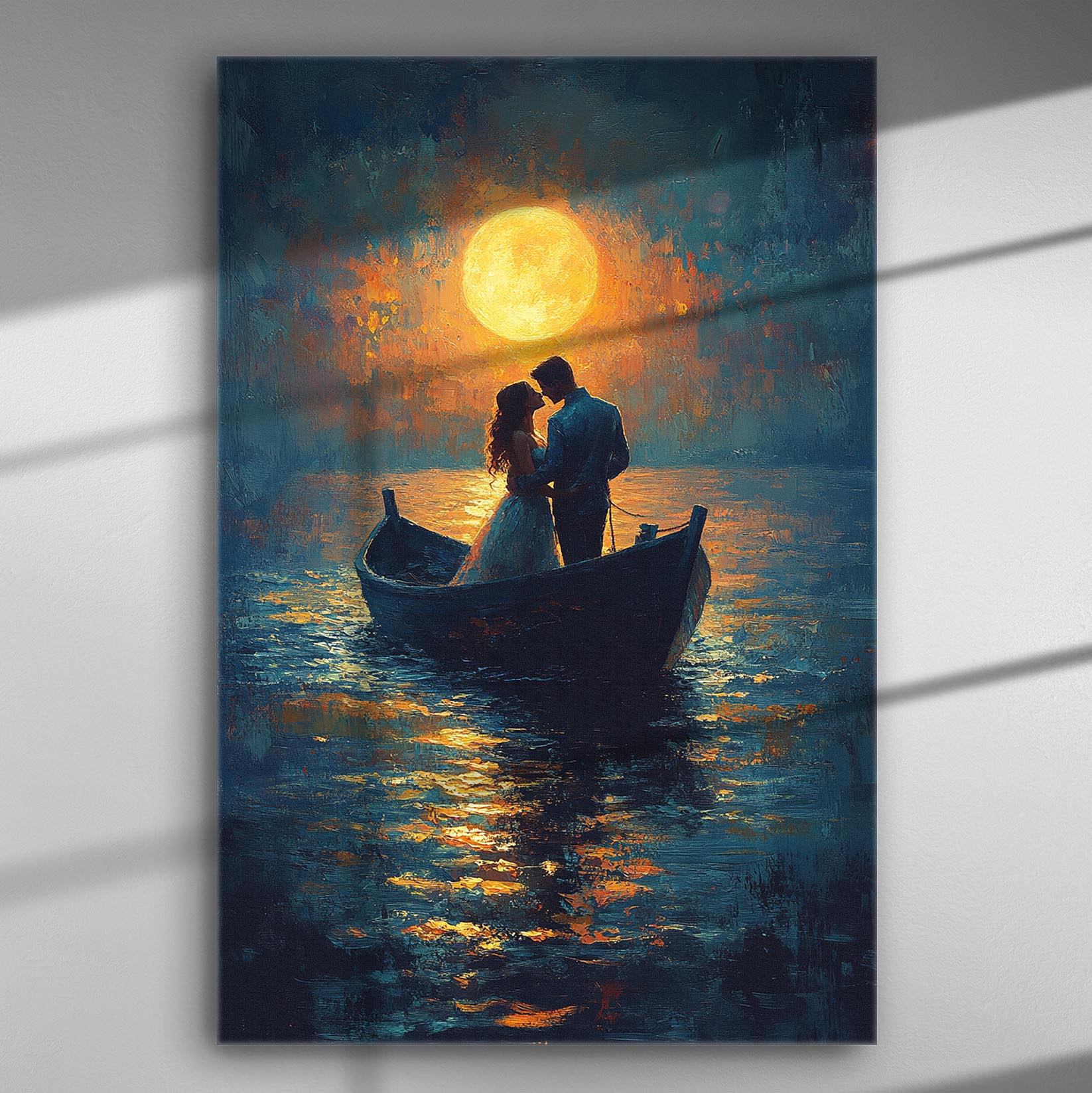 Romantic couple in a boat under a full moon on canvas print.