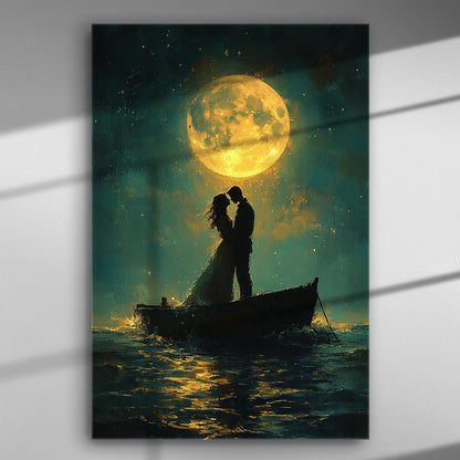 Romantic couple under full moon on canvas print