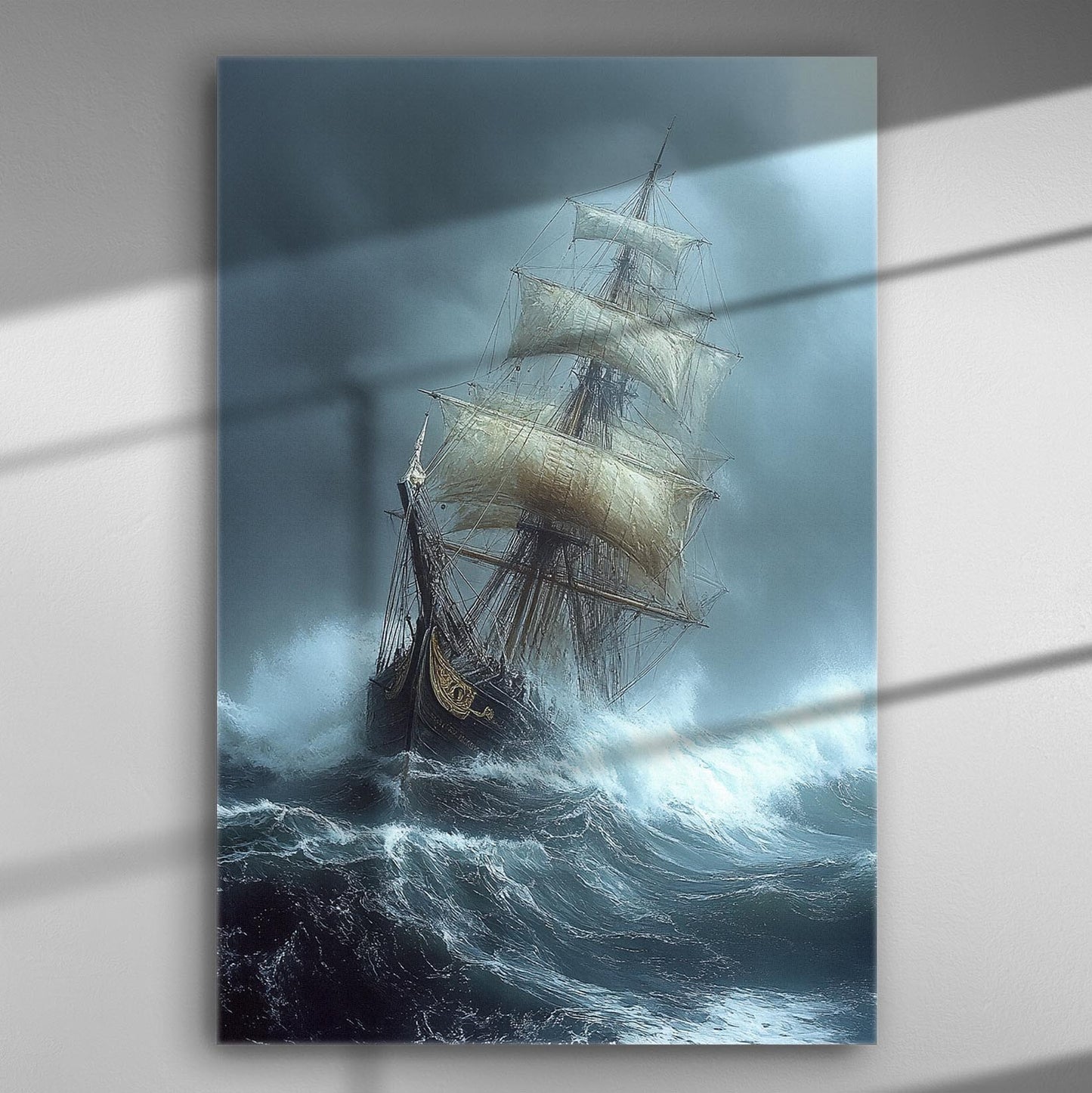 Ship battling stormy waves on canvas, dramatic ocean seascape.