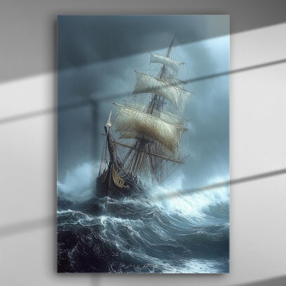 Ship battling stormy waves on canvas, dramatic ocean seascape.