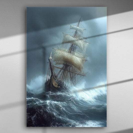 Ship battling stormy waves on canvas, dramatic ocean seascape.