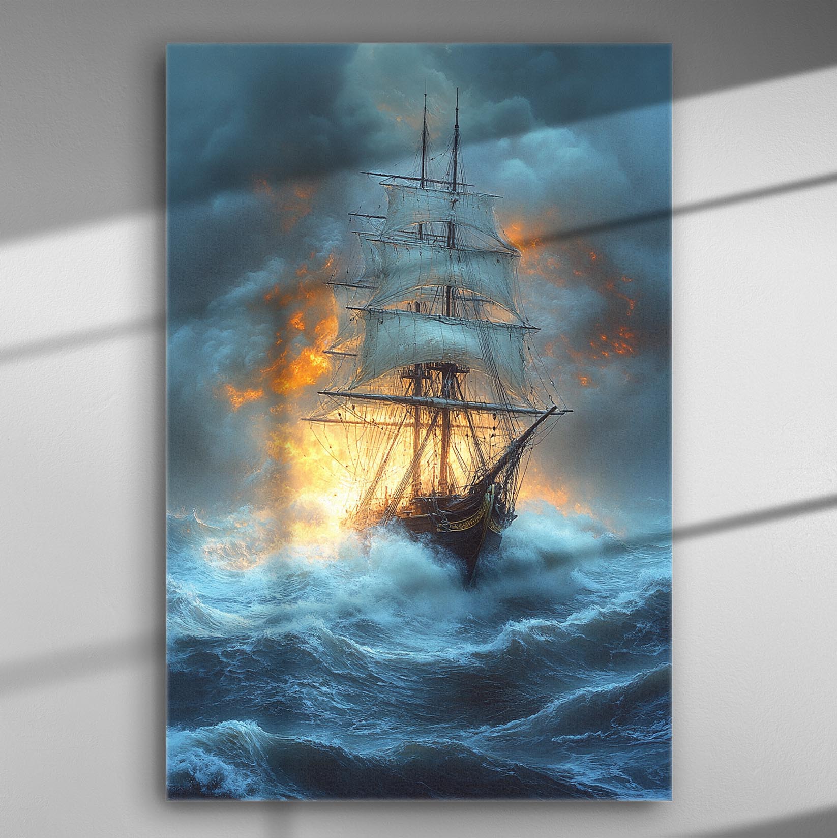 A canvas print of a sailing ship navigating through turbulent waves under a fiery sky.