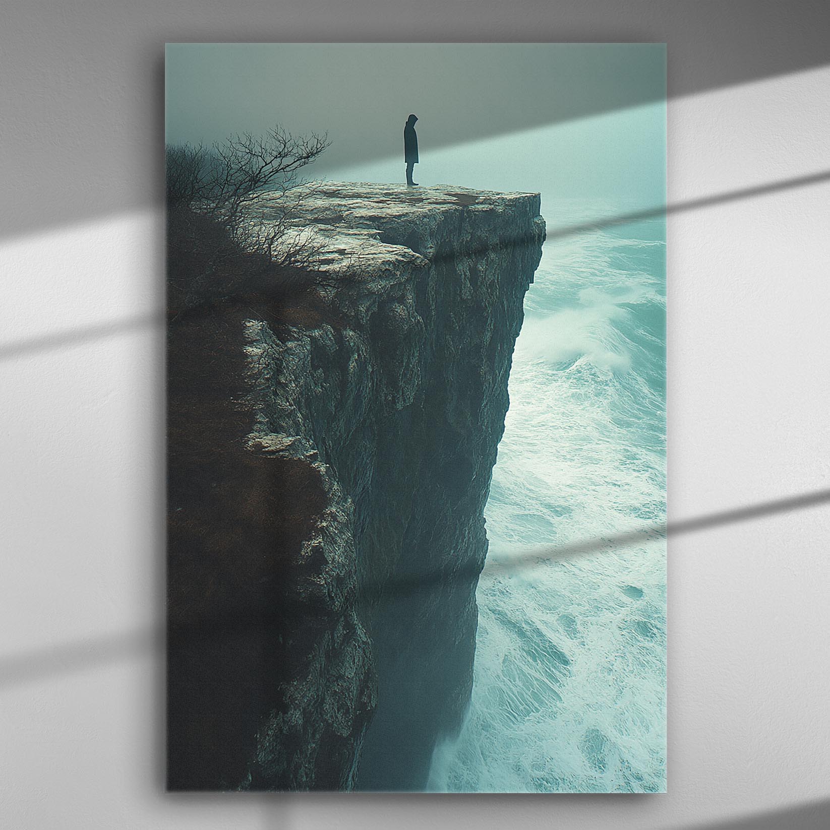 Canvas print of a solitary figure standing on a cliff edge overlooking the ocean.