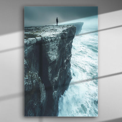 Canvas print of a lone figure standing on the edge of a cliff overlooking a vast ocean with waves crashing below.