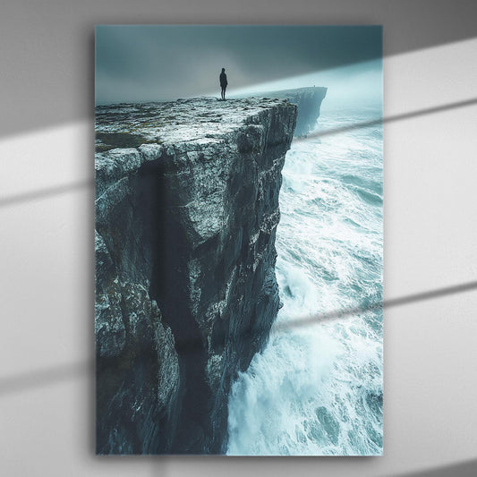 Canvas print of a lone figure standing on the edge of a cliff overlooking a vast ocean with waves crashing below.