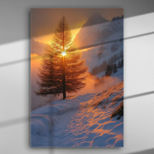 Winter sunset behind a tree with snow-covered landscape.