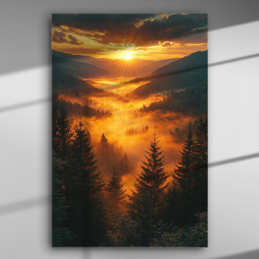 A stunning sunrise over misty mountain ranges captured on canvas, featuring warm, glowing colors and tall trees.