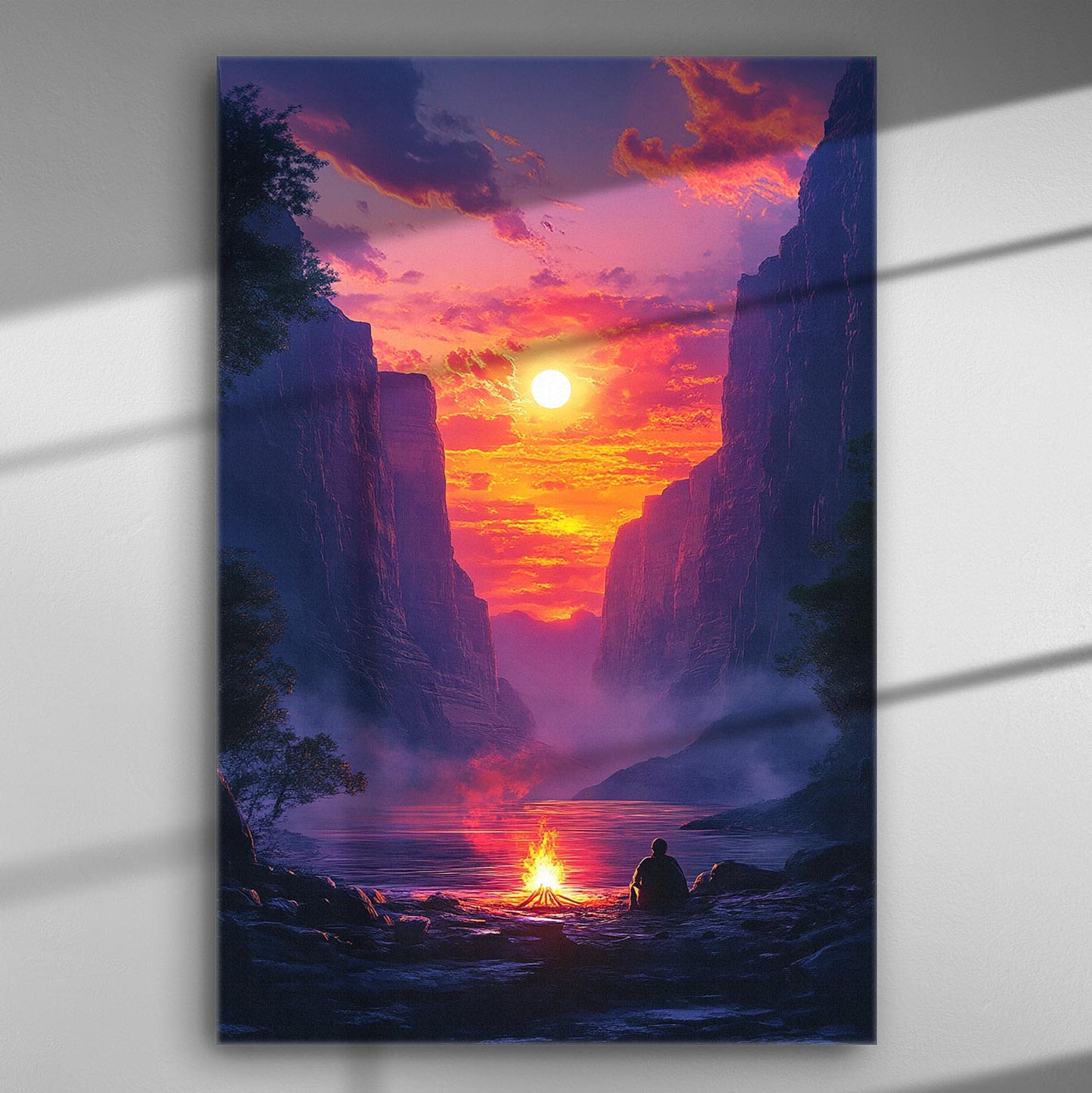 A captivating sunset over a serene valley with pink and orange hues, featuring a solitary figure by a campfire.