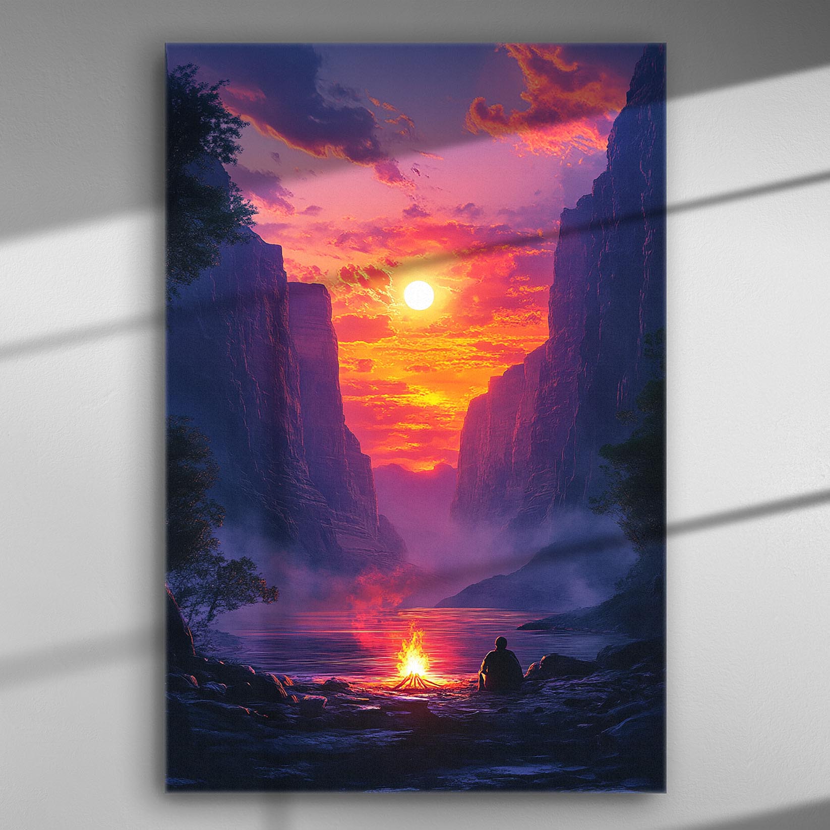 A captivating sunset over a serene valley with pink and orange hues, featuring a solitary figure by a campfire.
