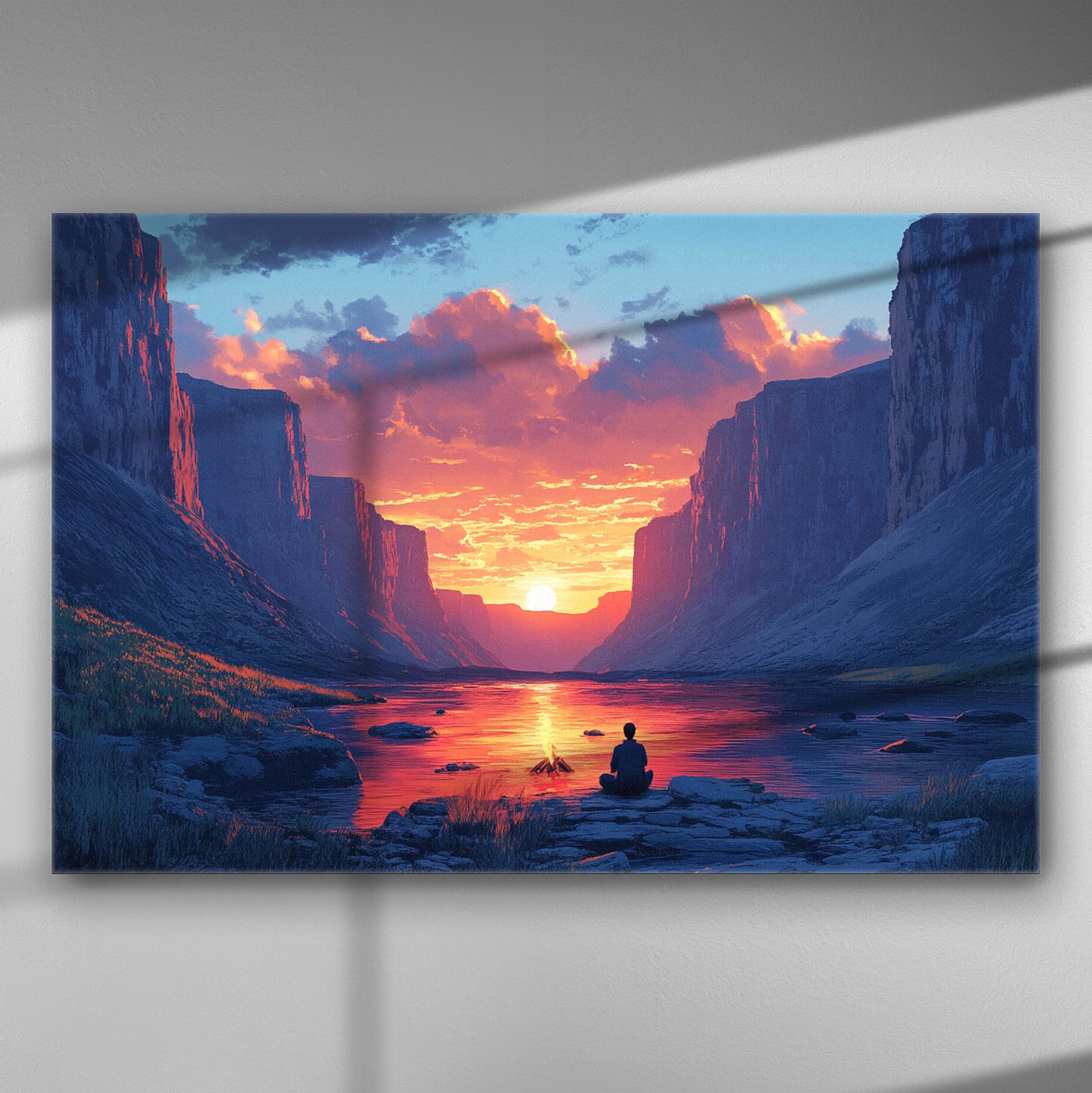 Canvas print of a serene sunset over a canyon with a person sitting by a campfire.