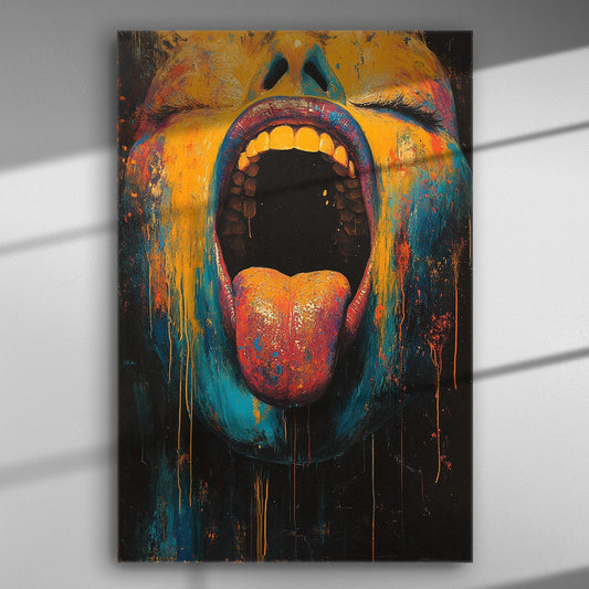 Bright abstract painting of a face with mouth open and tongue out in colorful paint.