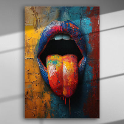Colorful abstract art depicting a vibrant tongue and lips, combining blue, yellow, and red hues on canvas.