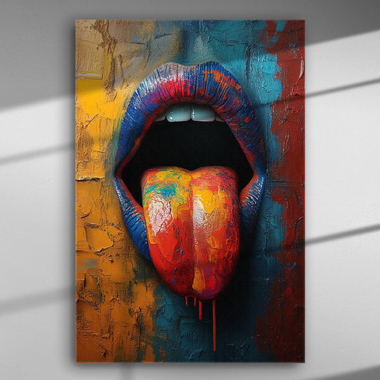 Colorful abstract art depicting a vibrant tongue and lips, combining blue, yellow, and red hues on canvas.