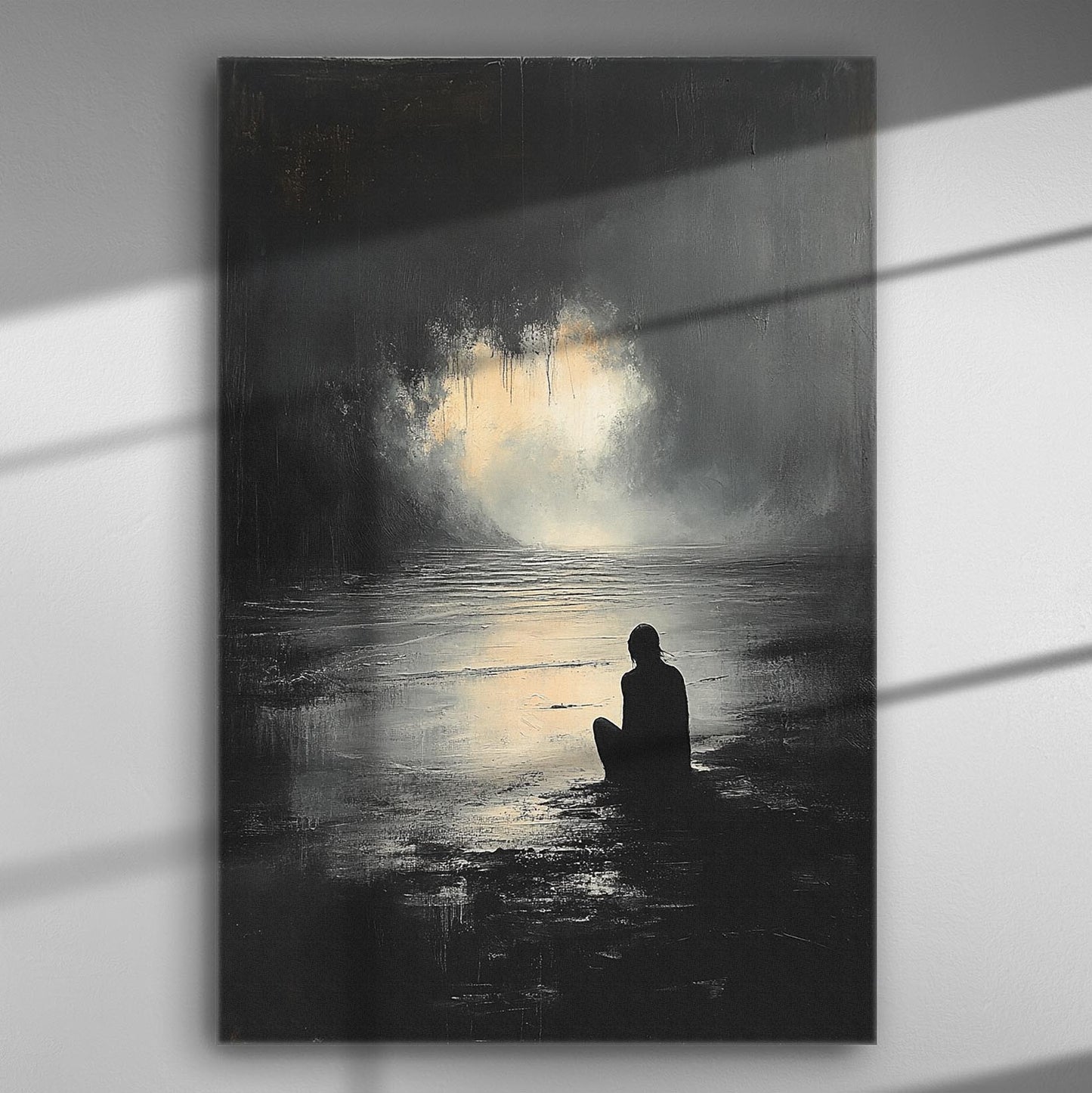 A contemplative figure sitting by the water with a glowing light in the distance on a dark canvas.
