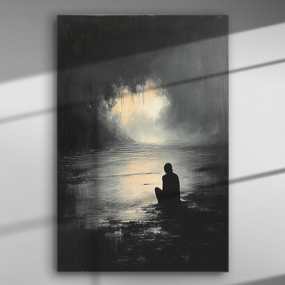A contemplative figure sitting by the water with a glowing light in the distance on a dark canvas.