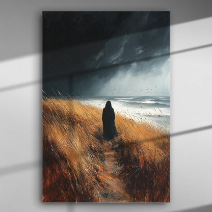 Dramatic landscape with a solitary figure on the coast under stormy skies.