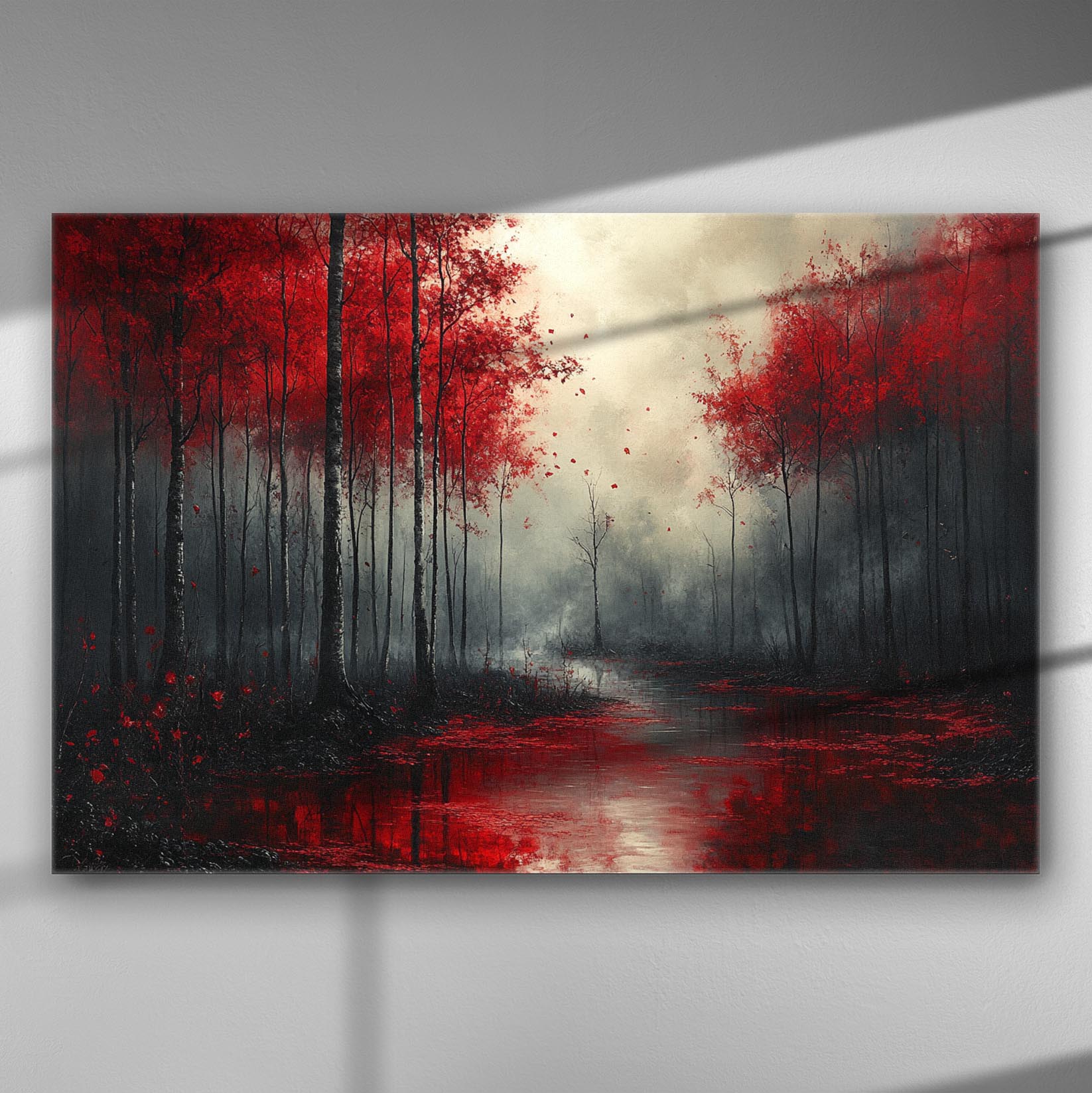 A misty forest with vibrant red trees reflected over a serene water body.