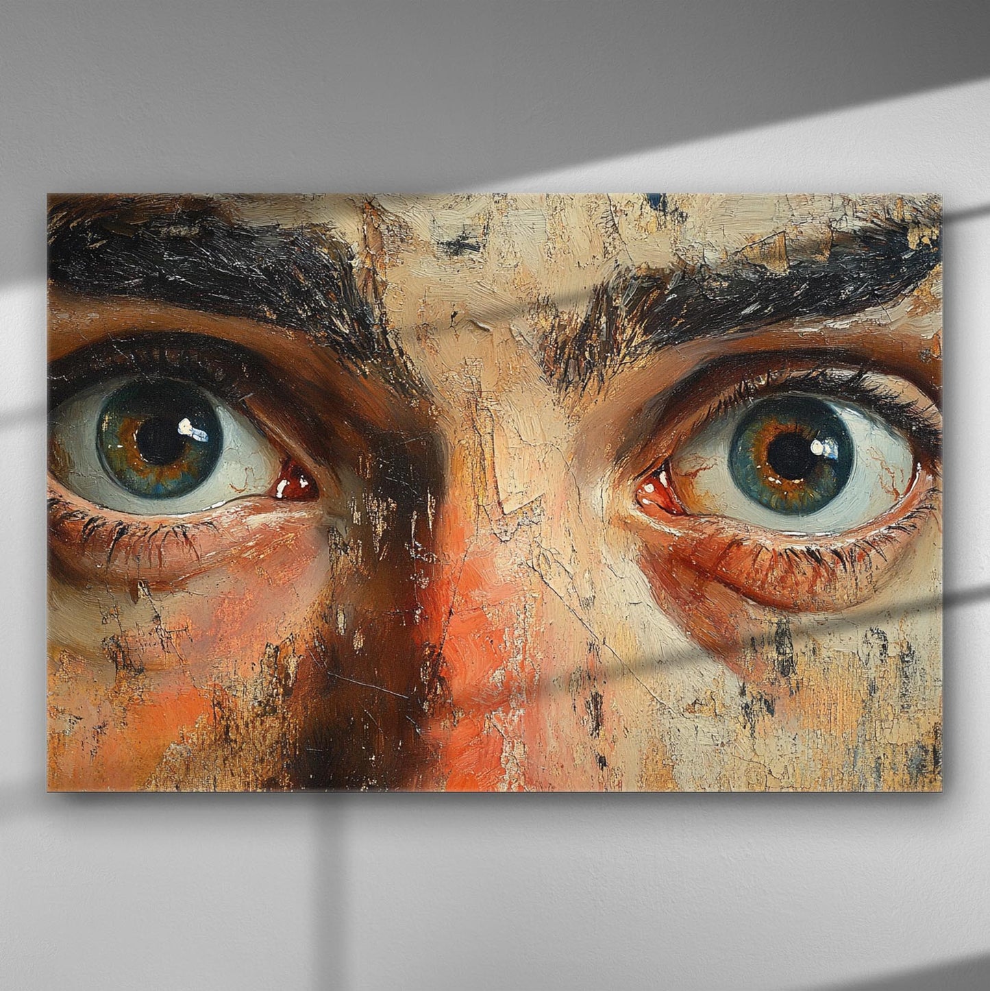 Close-up painting of expressive eyes on a canvas