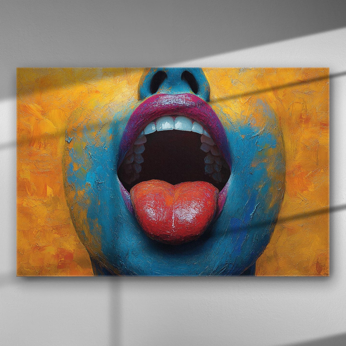 Vibrant abstract artwork featuring a colorful face with open mouth and vivid background.