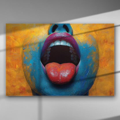 Vibrant abstract artwork featuring a colorful face with open mouth and vivid background.