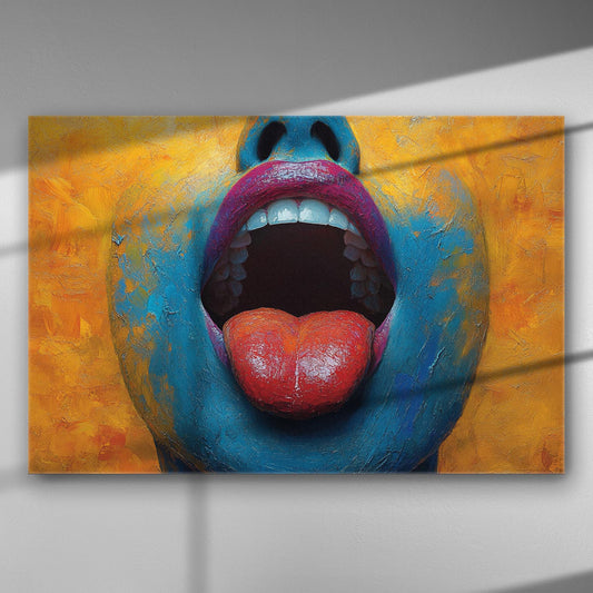 Vibrant abstract artwork featuring a colorful face with open mouth and vivid background.