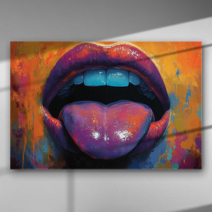 Vivid, colorful painting of lips with intense reds, blues, and oranges.