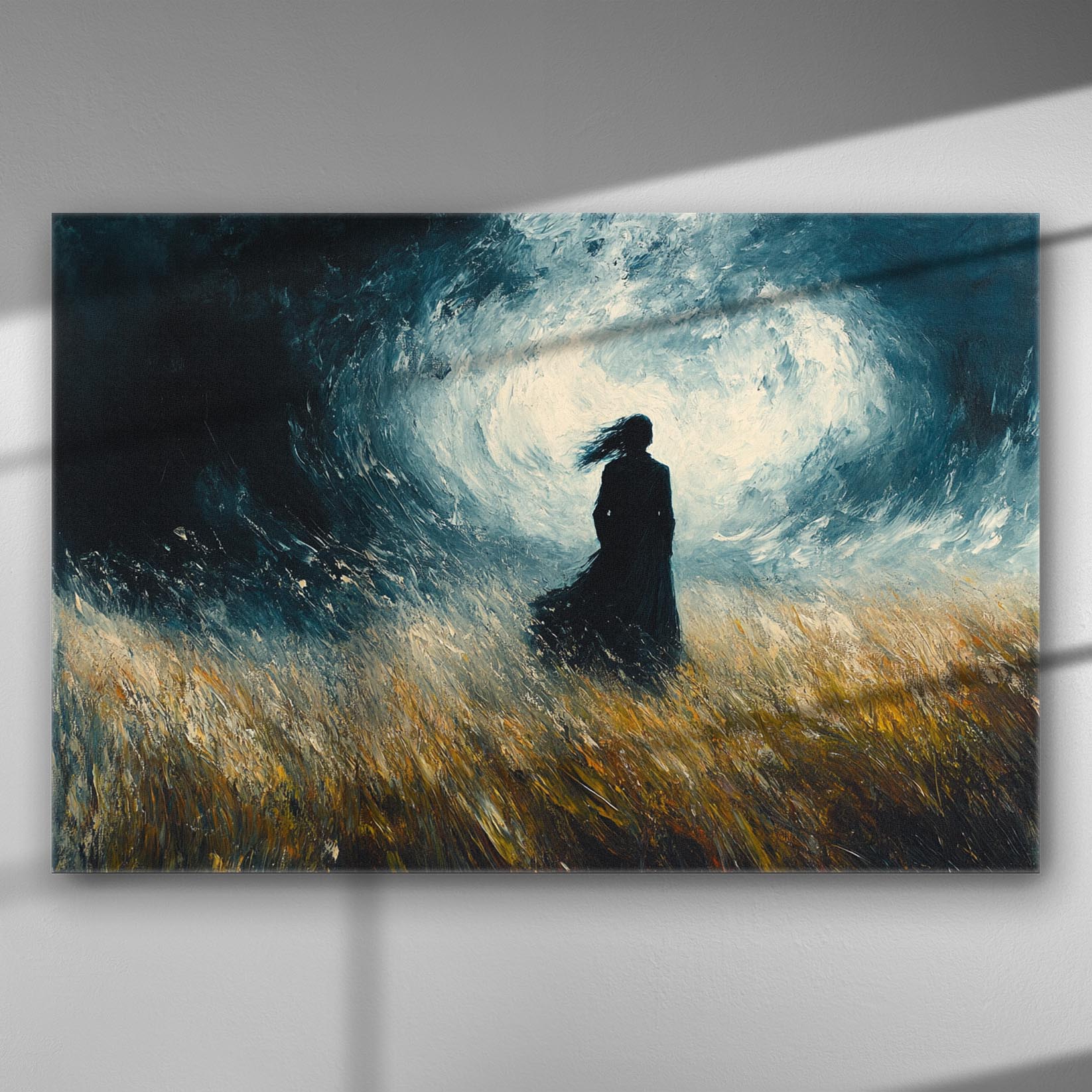 A dramatic painting of a silhouette standing in a windy field under swirling clouds.