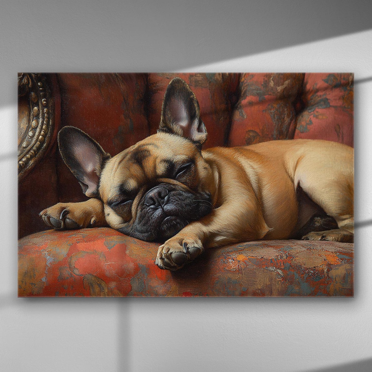 Sleeping French bulldog on an elegant armchair canvas print.