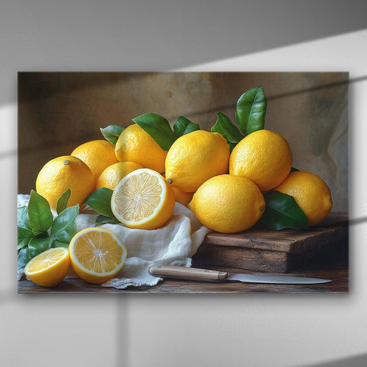 Canvas print of fresh lemons with leaves on a wooden surface, showcasing vibrant yellow fruits.