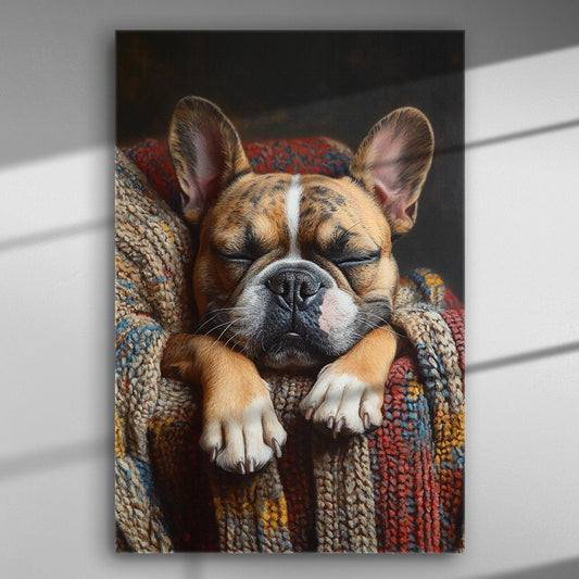 Canvas print of a sleeping dog on a colorful knitted blanket.