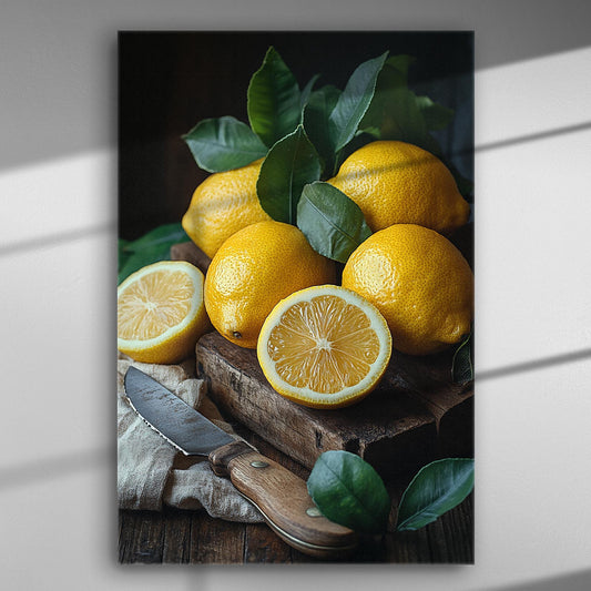 A vibrant canvas print of lemons with leaves and a knife, showcasing freshness and vitality.