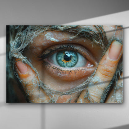 Close-up photograph of a green eye surrounded by textured fabric.