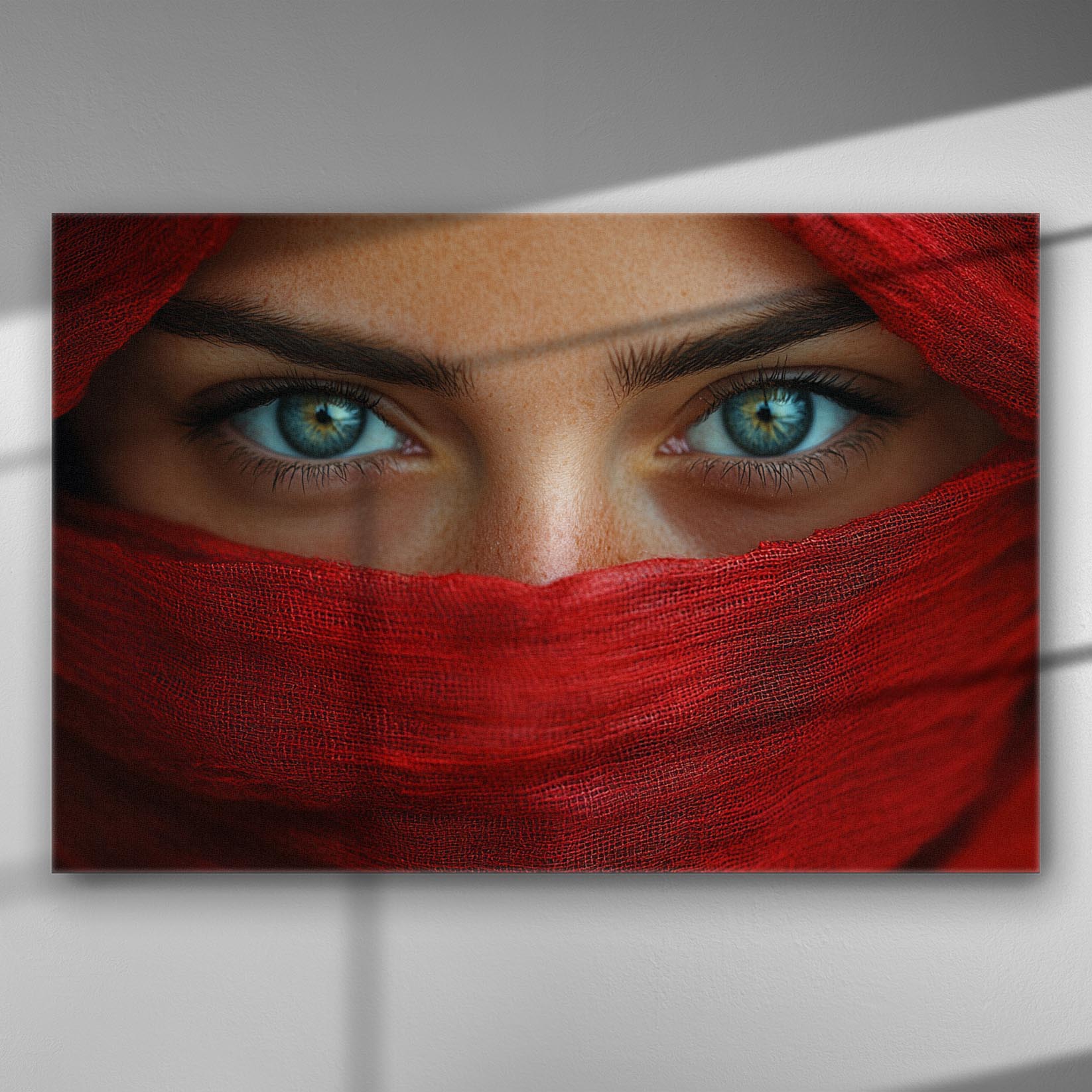 Close-up of piercing blue eyes partially covered by a red scarf on canvas.