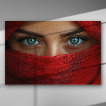 Close-up of piercing blue eyes partially covered by a red scarf on canvas.