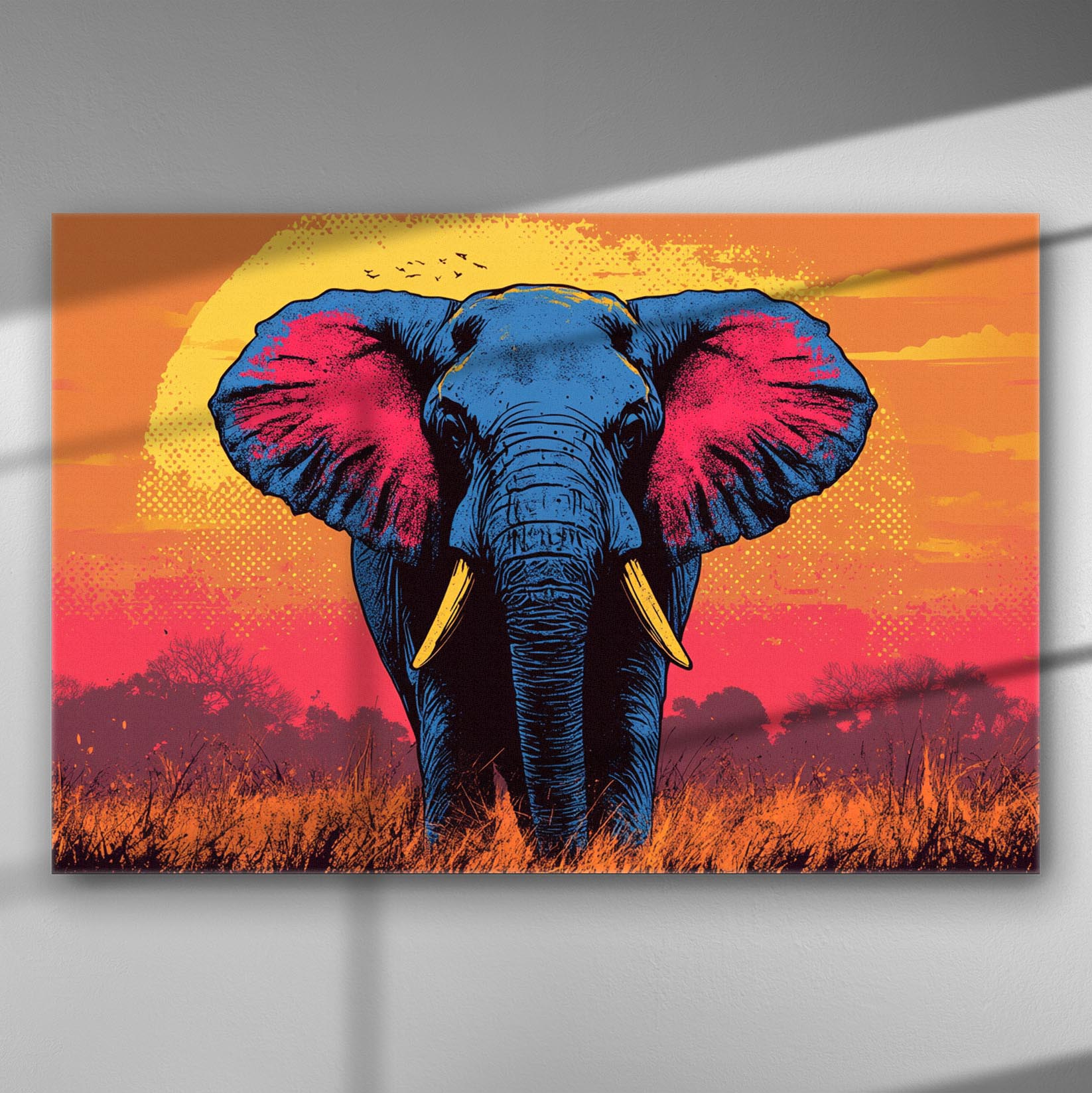 Colorful artwork of an African elephant with a vibrant sunset background on canvas.