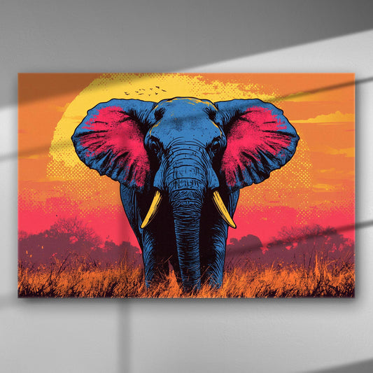Colorful artwork of an African elephant with a vibrant sunset background on canvas.