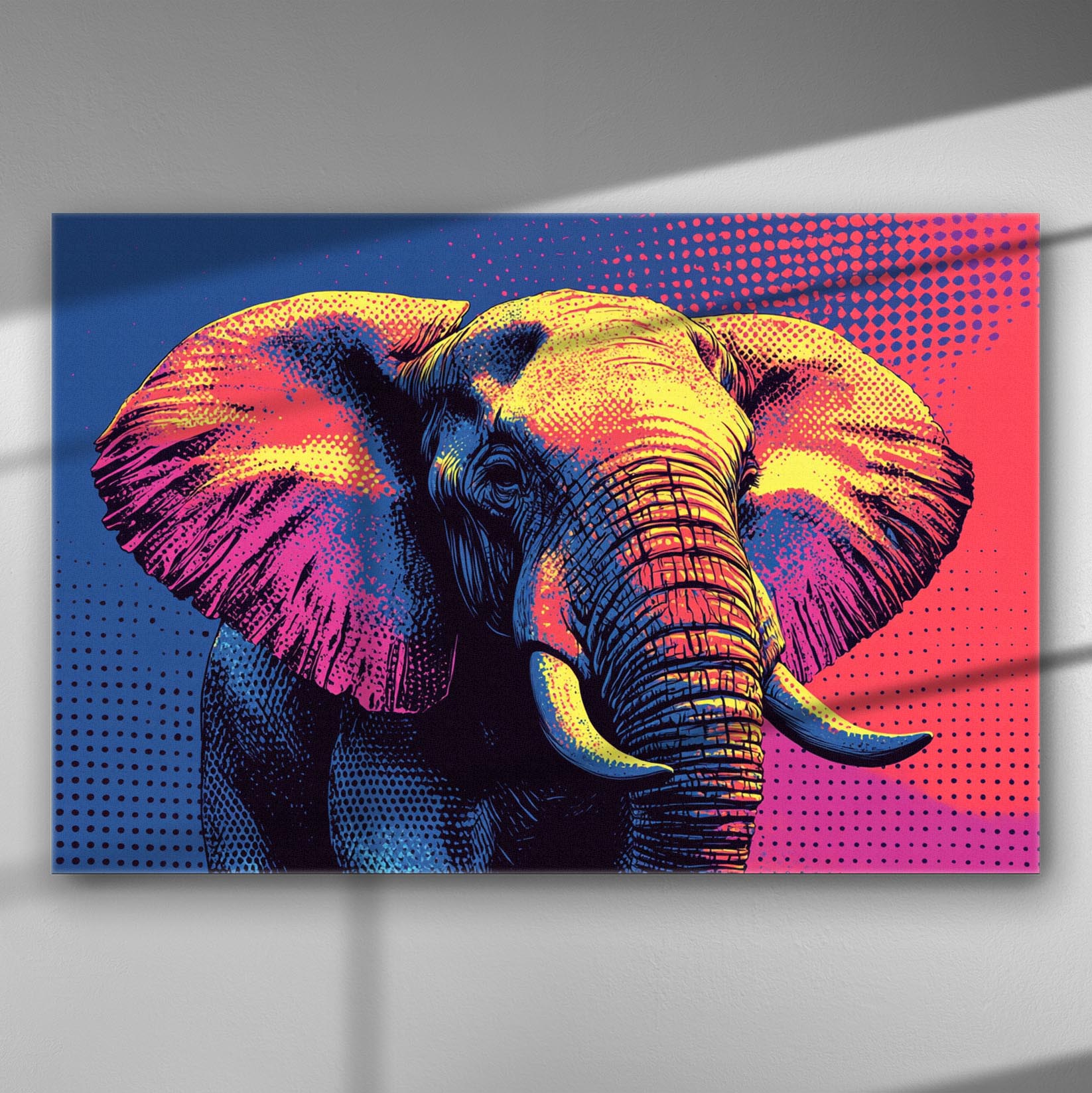 Colorful pop art elephant canvas print with vibrant pink, yellow, and blue hues.