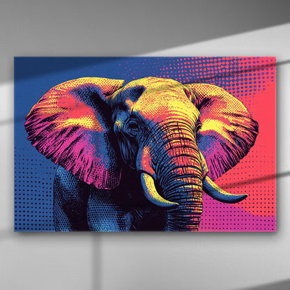 Colorful pop art elephant canvas print with vibrant pink, yellow, and blue hues.