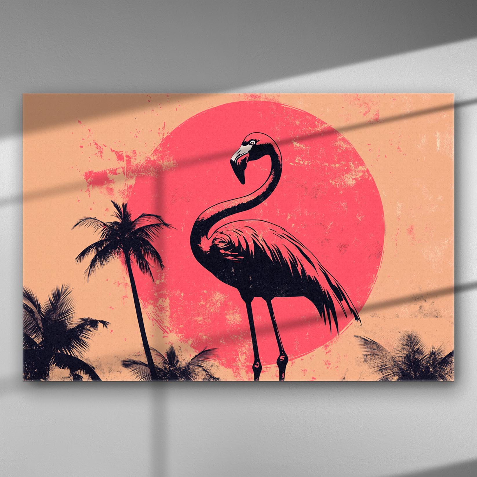 Illustration of a flamingo with palm trees in front of a red sun.