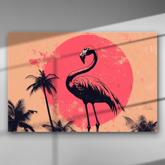 Illustration of a flamingo with palm trees in front of a red sun.