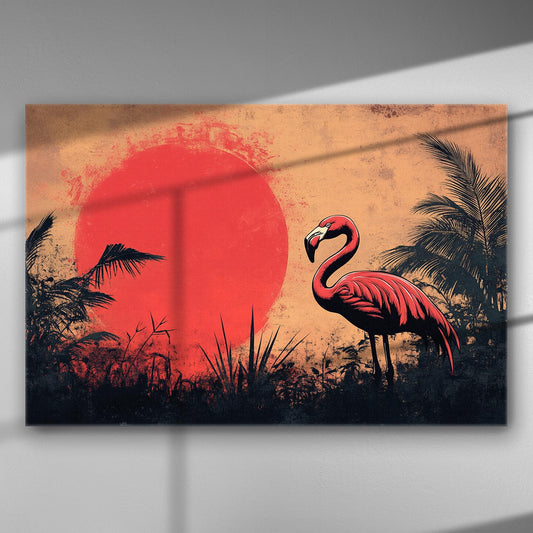 Canvas print of a flamingo with a red sunset background, palm leaves, and silhouetted plants.