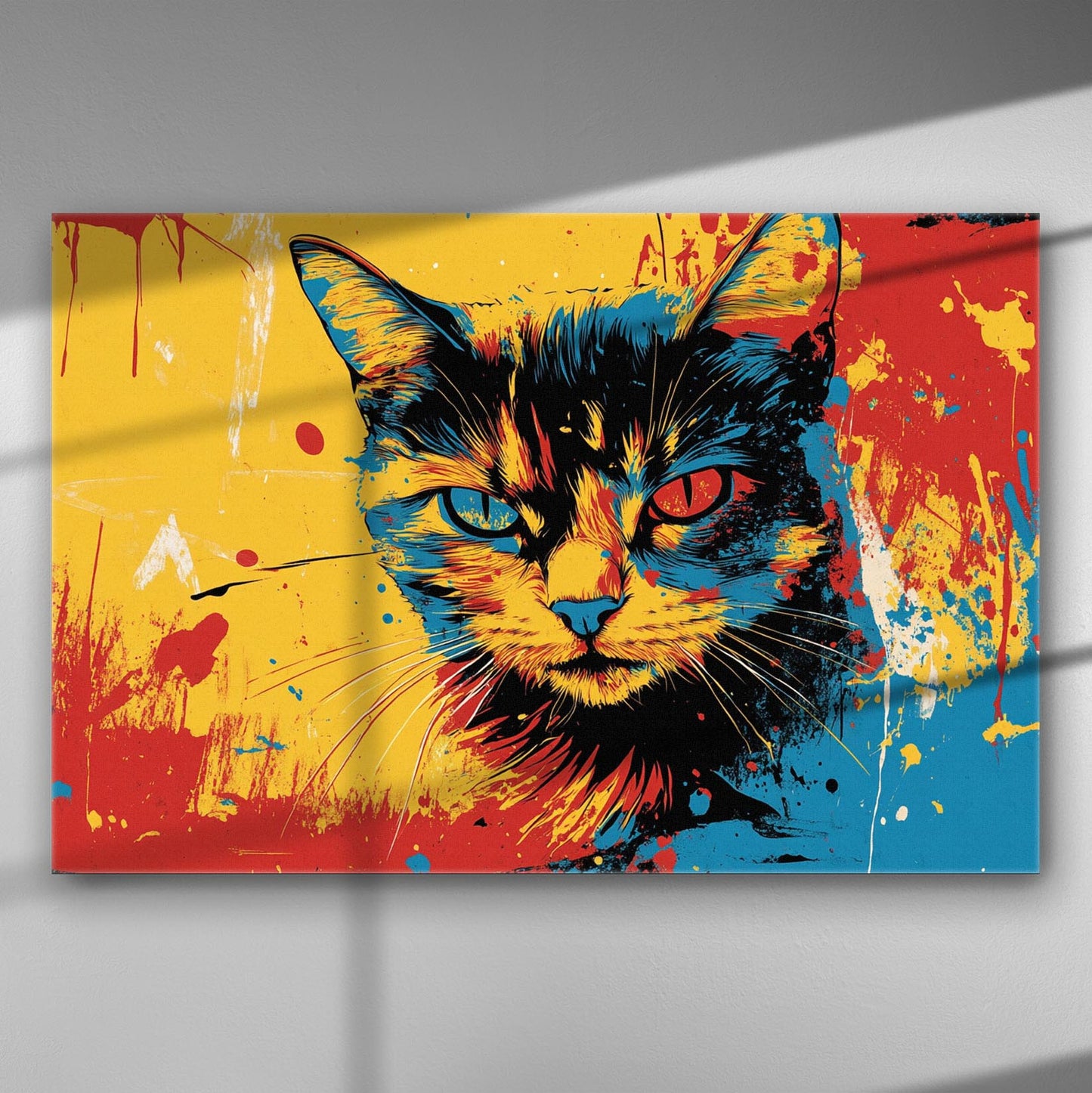 Colorful cat portrait on a vibrant background with yellow, red, and blue splashes.