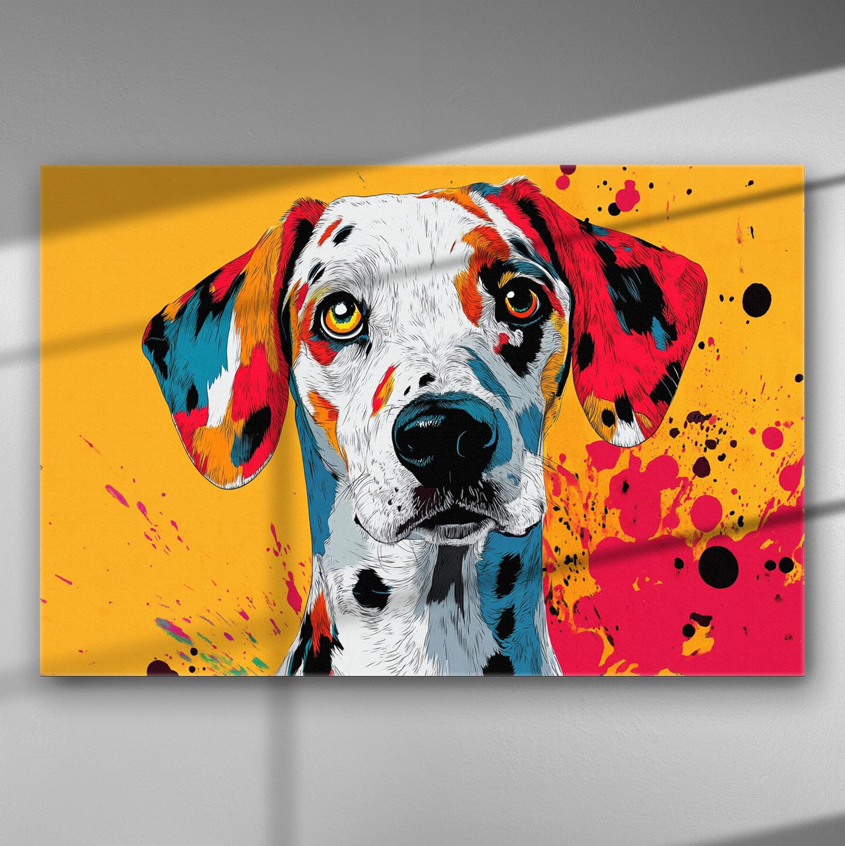 A vibrant depiction of a Dalmatian dog on a canvas with splashes of yellow, red, and blue.
