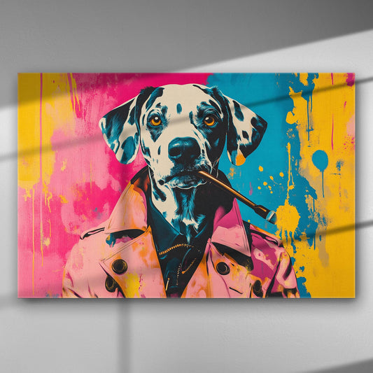 Dalmatian dog with a pink trench coat and cigar, colorful pop art canvas.